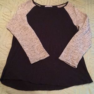 Long sleeve black tee with tan textured sleeves